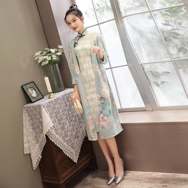 Medium Length Cheongsam - Suede Aodai Dress