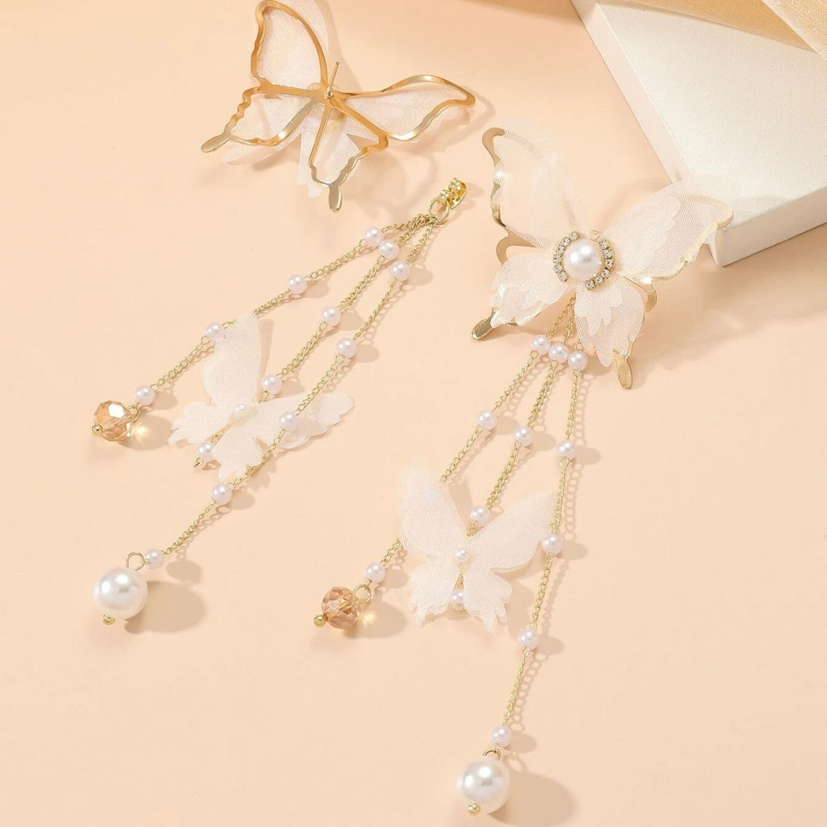 Women's Butterfly Tassel Lace Pearl Rhinestone Earrings - Adult Fashion Jewelry