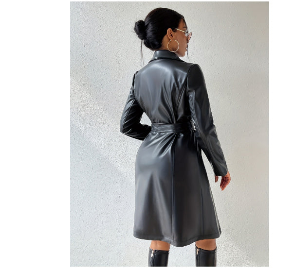 Luxurious PU Long Sleeve Women's Slim Fit Long Trench Coat
