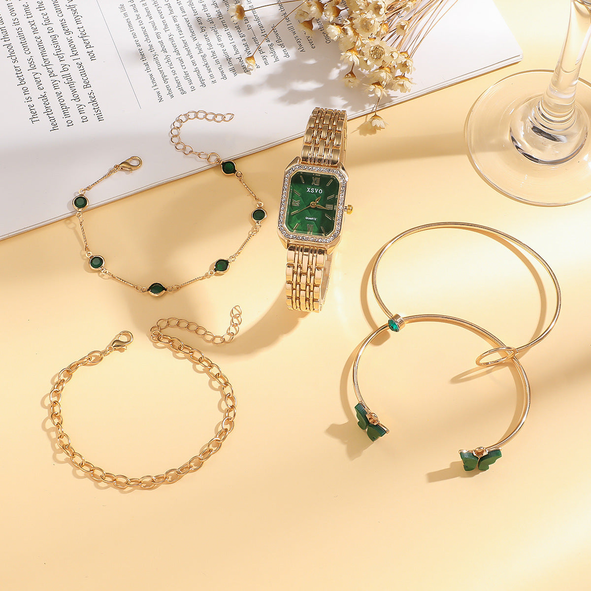 Wild Emerald Square Watch & Butterfly Bracelet Set