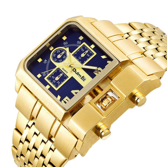 Gold wristwatch with a blue face on a white background