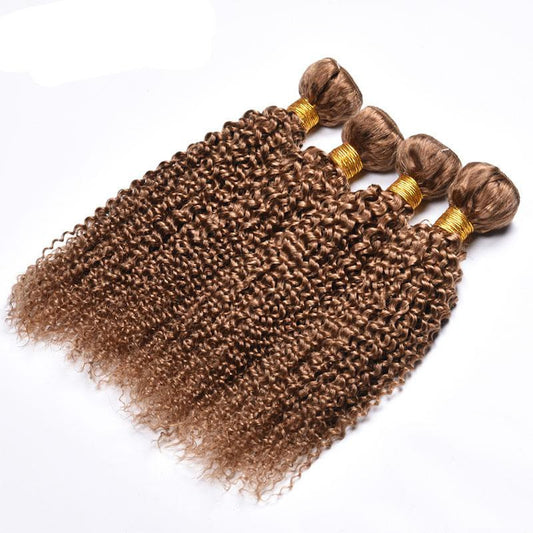 Brown curly hair extensions with gold ties on a white background