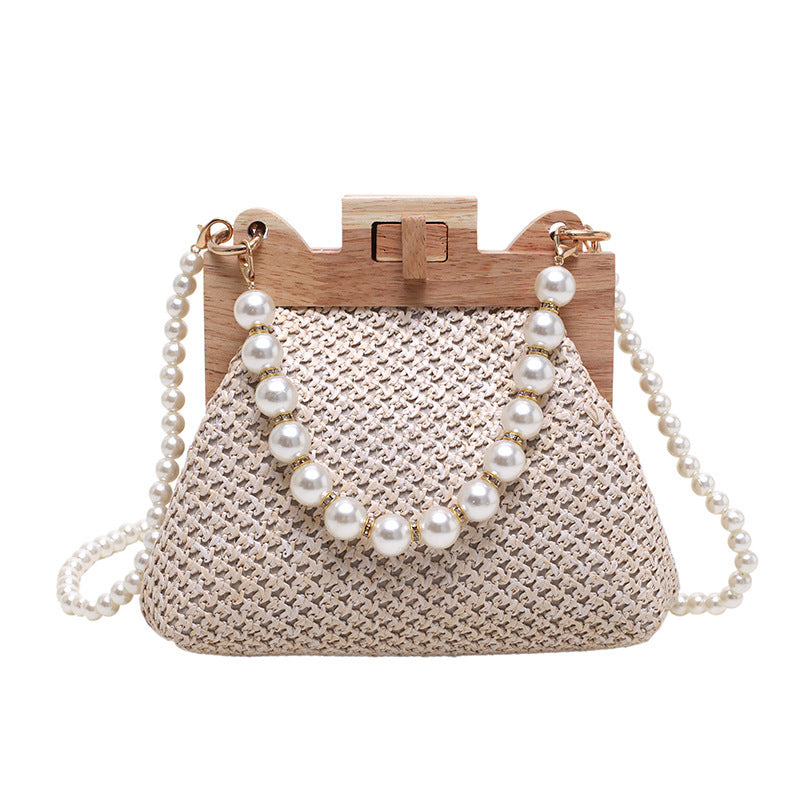 Fashion Simple Straw Pearl Chain Handbag - Street Trend Crossbody Bag