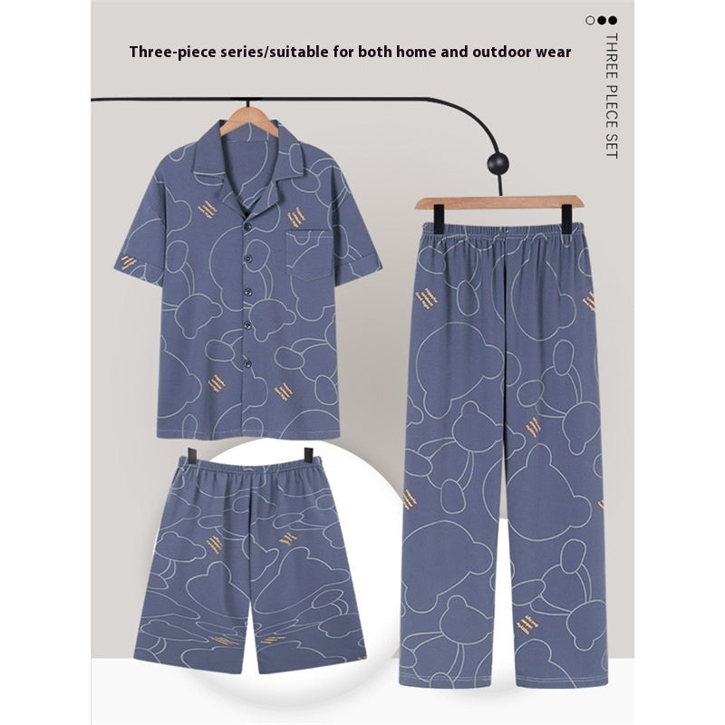 Men's Summer Cotton Pajamas - Adult Three-Piece Short Sleeve Set