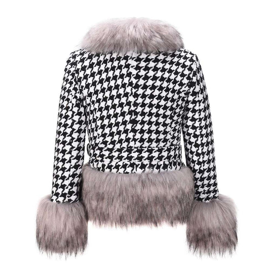 Houndstooth Colour-Block Cropped Blazer | Grey & Orange | S–2XL