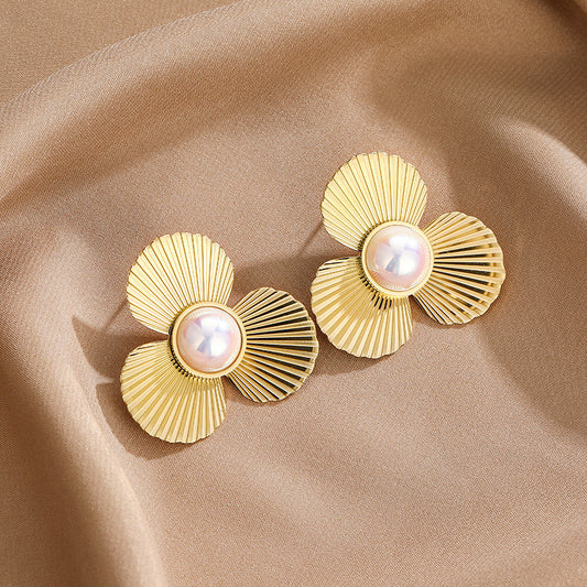 Women's Fashion Titanium Steel Trefoil Flower Pearl Earrings - Gold Plated