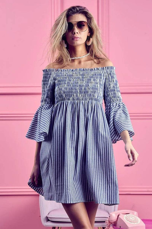 BiBi Smocked Off Shoulder Striped Dress - Millivan supplies
