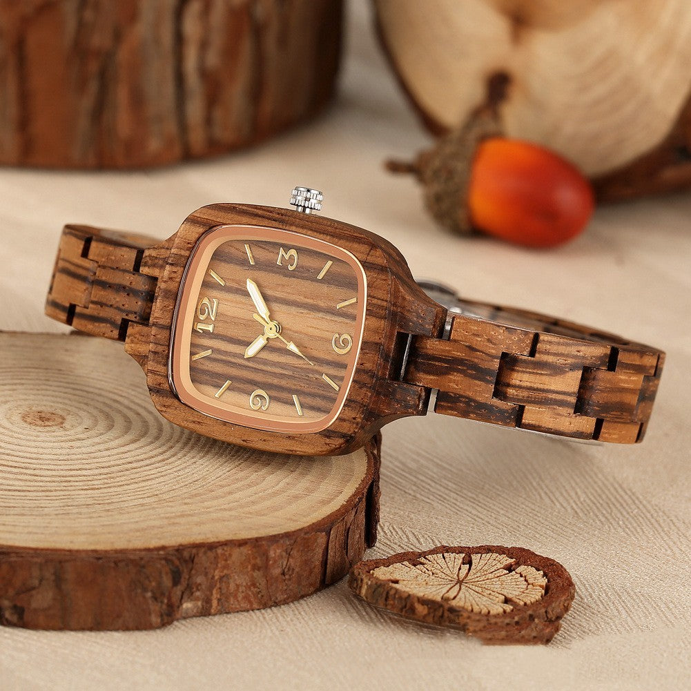 Bamboo Wood Square Watch - Gold Digital Face
