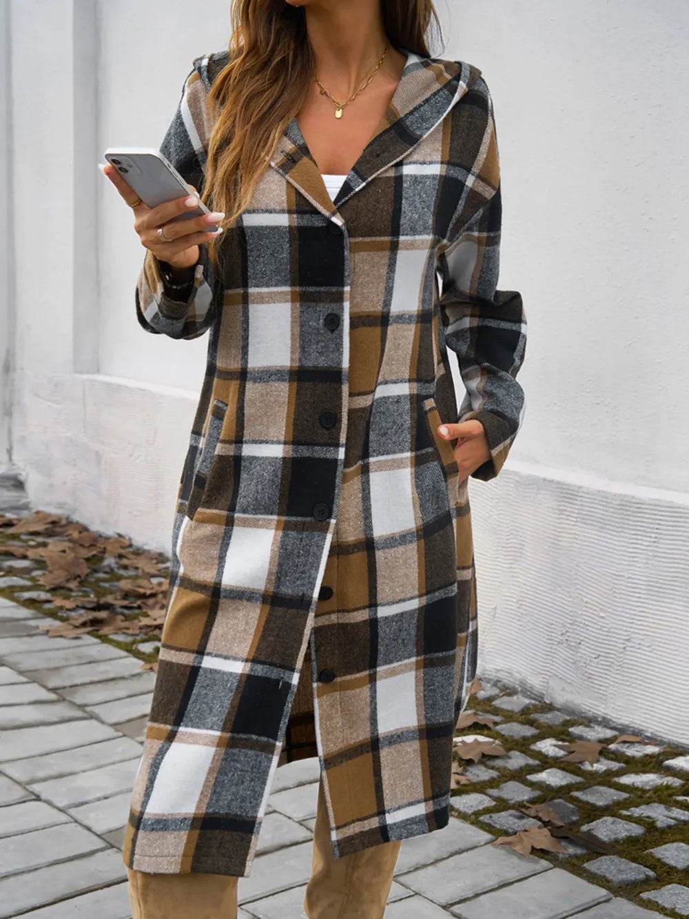 Devine Plaid Long Sleeve Hooded Coat - Millivan supplies