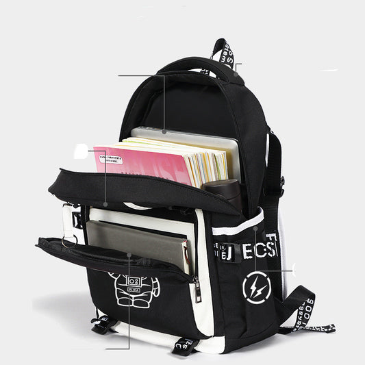 Black backpack with white accents and visible branding on a white background