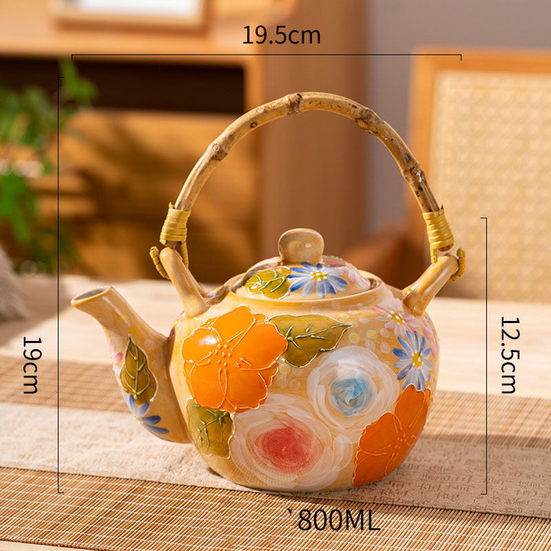 Elegant Lifting Handle Household Ceramic Underglaze Teapot Suit Hand Painted Good-looking Retro Water Glass - Orange