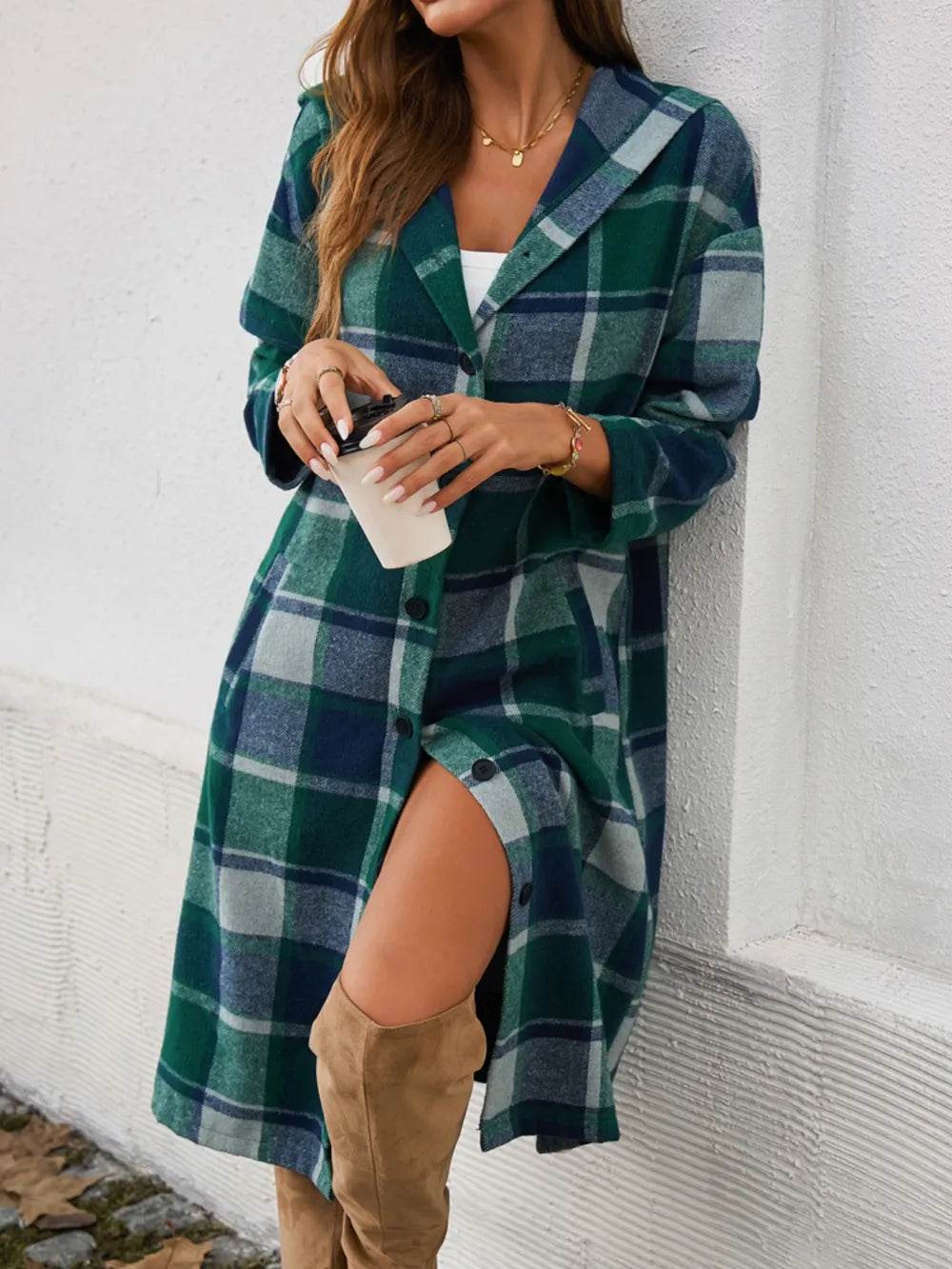 Devine Plaid Long Sleeve Hooded Coat - Millivan supplies