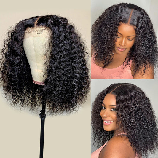 Curly hair wig on a mannequin head with two women wearing the wig.