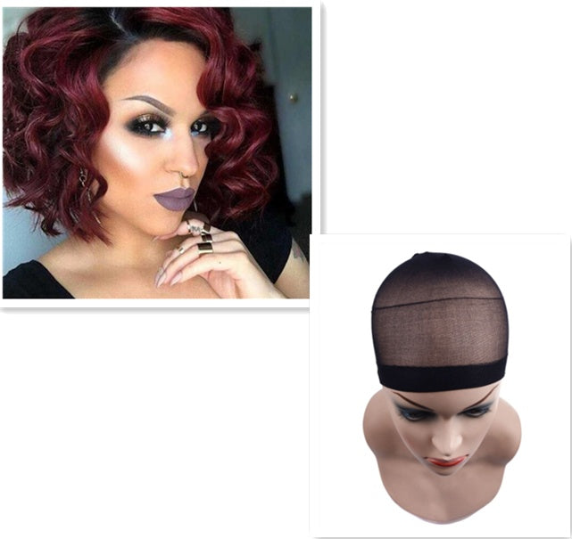 Women's European Beauty Wig - Wine Red Oblique Bangs High Temperature Fiber 12 Inch