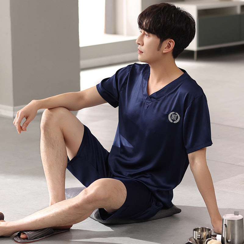 Men's Ice Silk Pajama Suit - Adult Short-Sleeve Shirt & Shorts Homewear