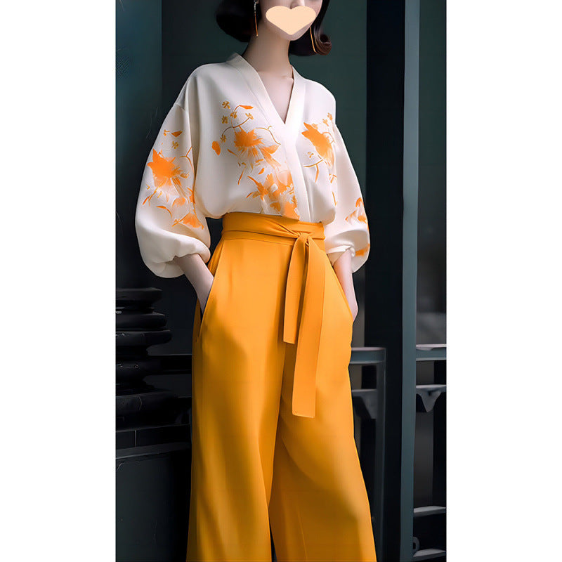 Women's Retro Two-Piece Set - Adult Slimming Shirt & Wide-Leg Pants Suit