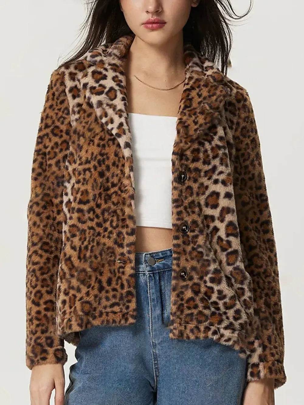 Fuzzy Leopard Collared Neck Jacket - Millivan supplies