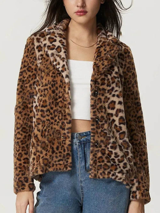 Fuzzy Leopard Collared Neck Jacket - Millivan supplies