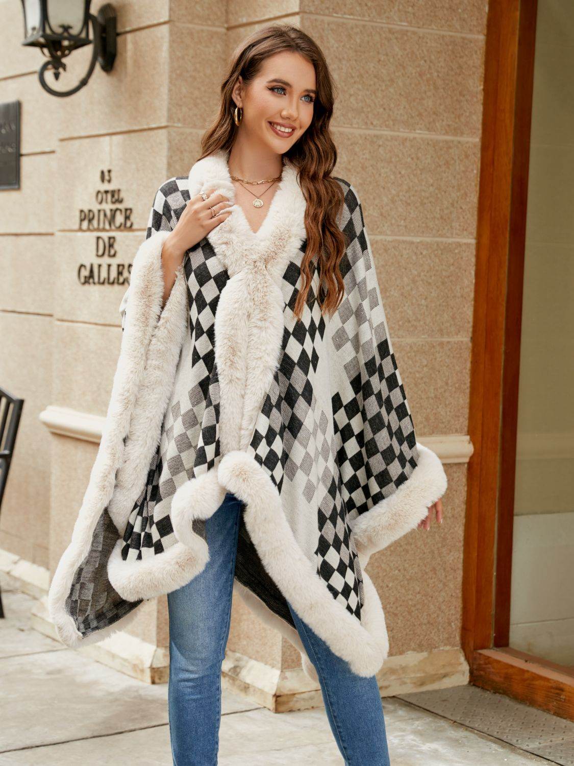 Checkered Faux Fur Trim Poncho - Millivan supplies