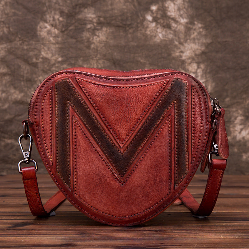 Heart-Shaped Top Layer Leather  Fashion Polished Crossbody Bag