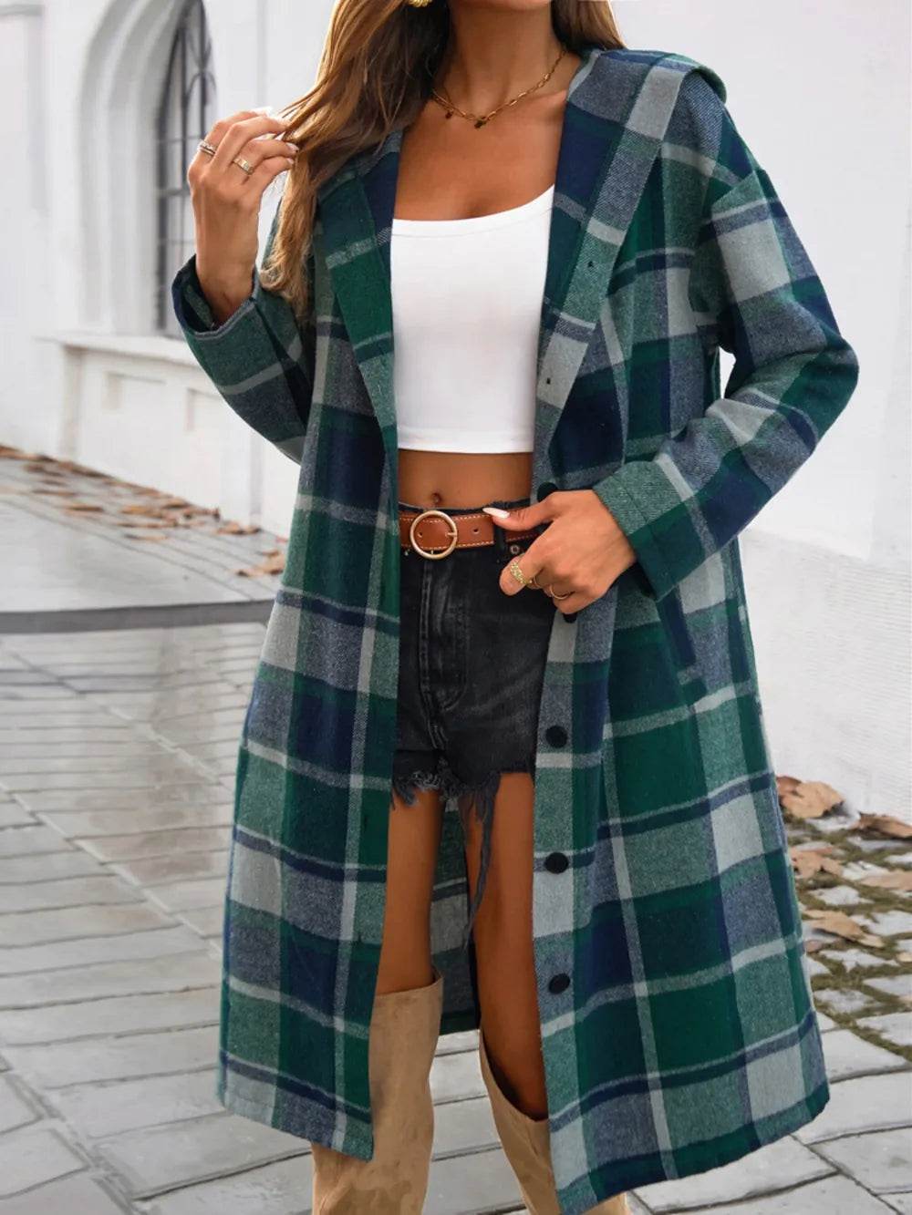 Devine Plaid Long Sleeve Hooded Coat - Millivan supplies