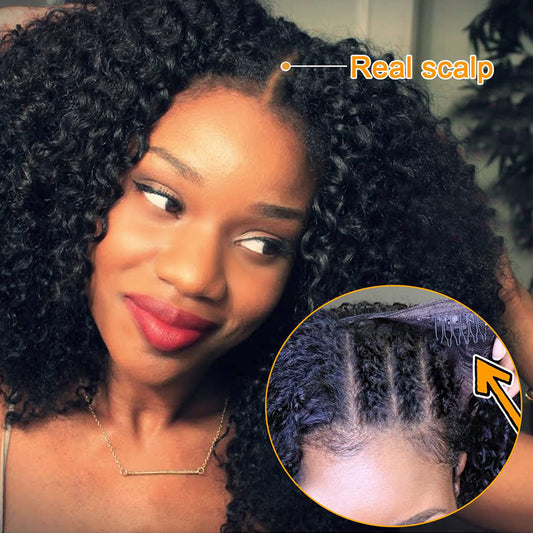 Woman with curly hair and close-up of hairline showing 'real scalp' and 'weave' details.