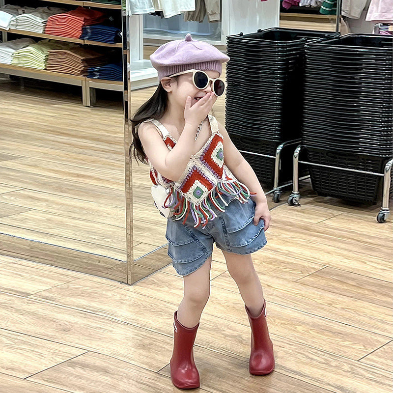 Girls' Hollow Knitted Short Tassel Camisole National Style Top Thin Cake Shorts Two-piece Set