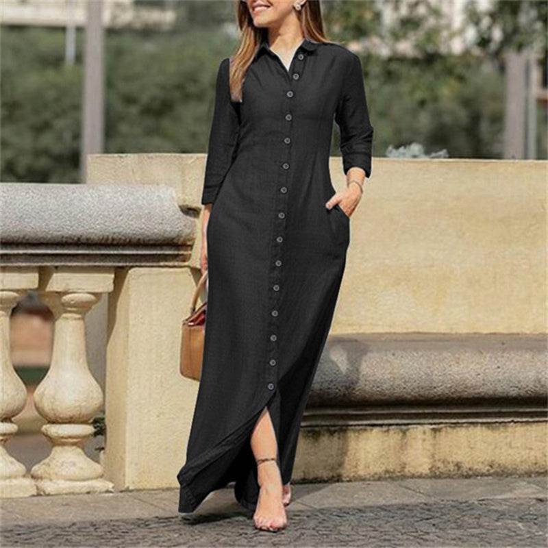 Womens Casual Button Down Denim Maxi Dress Long Sleeve Long Jean Dresses With Pockets - Millivan supplies
