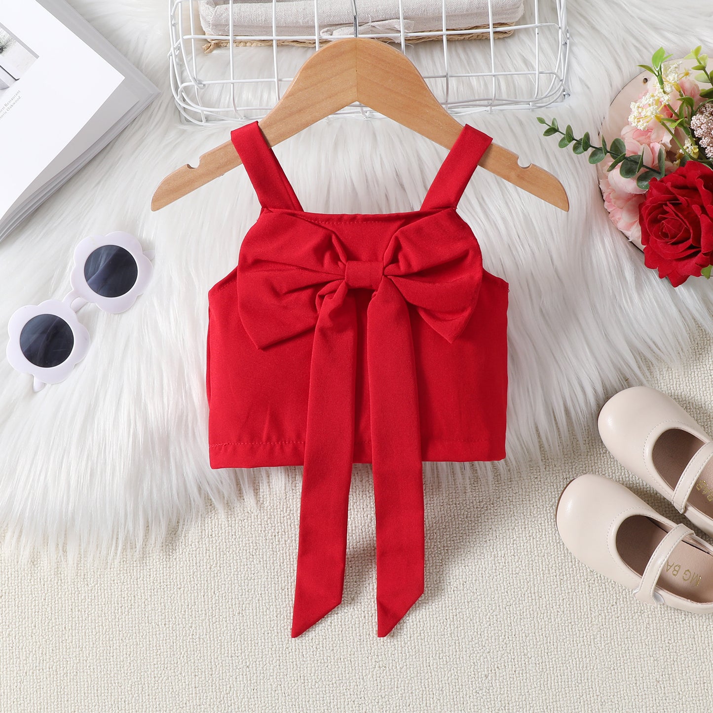 Summer New Girls' Suit Strappy Bow Top With Tulle Skirt Two-piece Set