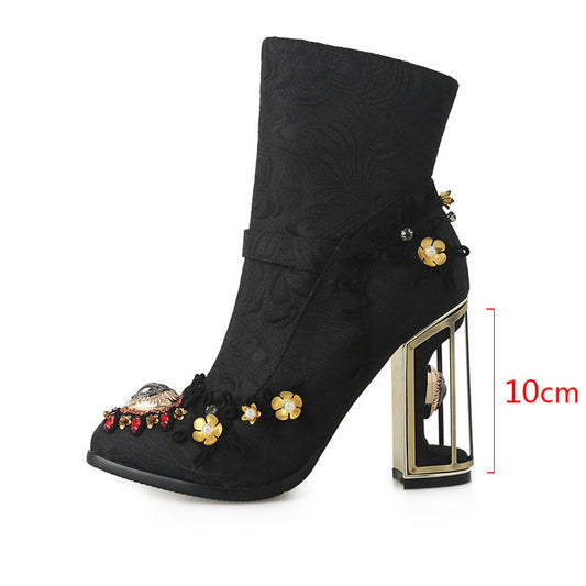Women's Beaded Embroidery Mid-Tube Boots – High Heel Side Zipper Fashion Boots