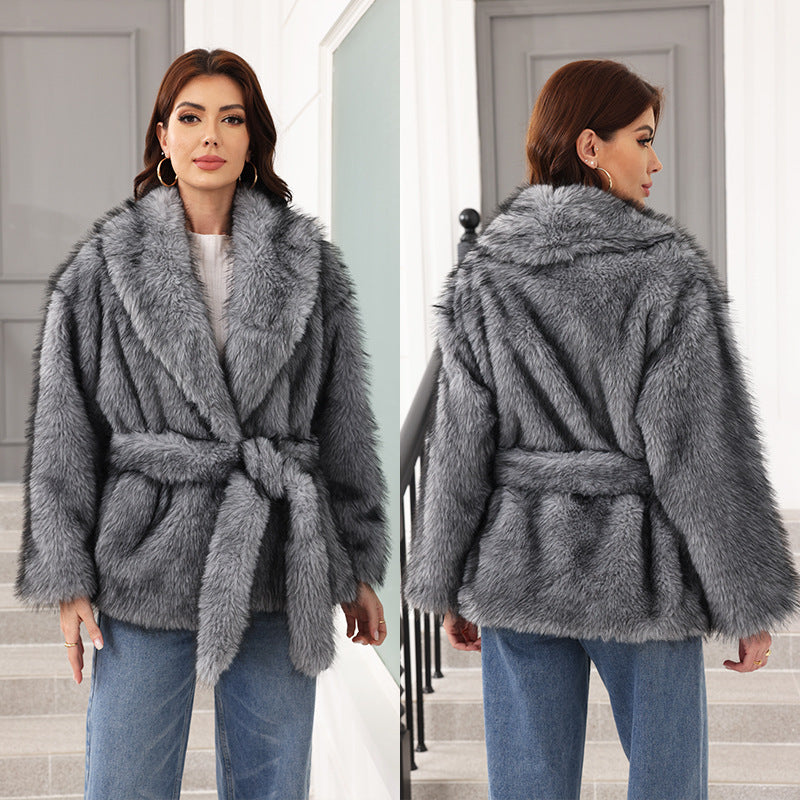 Women's Fur Mid-Length Coat with Belt - Adult Fashionable Winter Outerwear