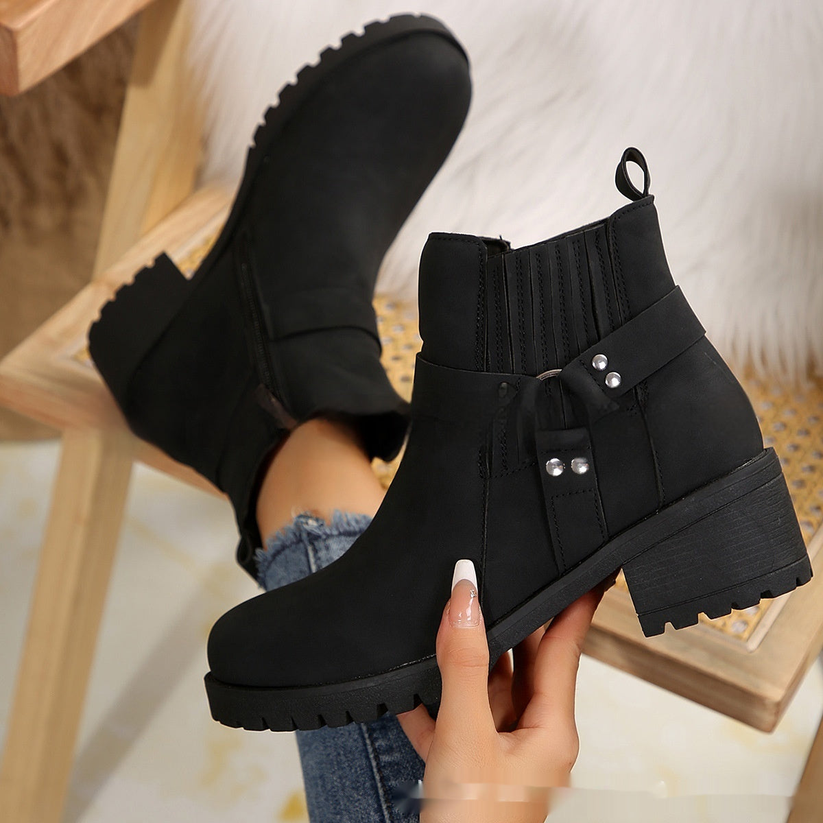 Women's Belt Buckle Ankle Boots - Adult Elastic Band Retaining Ring Boots