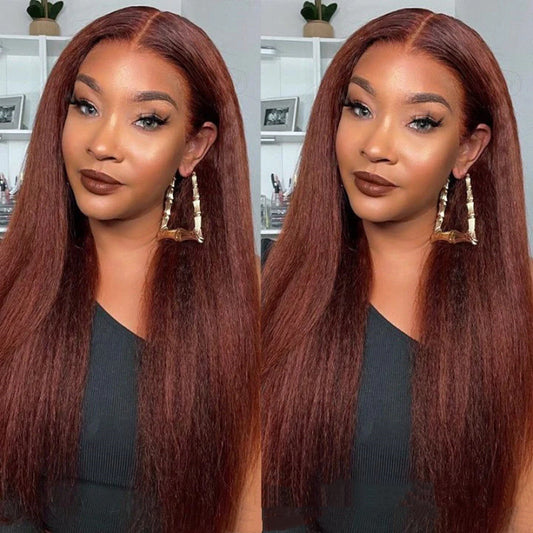 Side-by-side comparison of a woman with long, straight hair in two different settings.