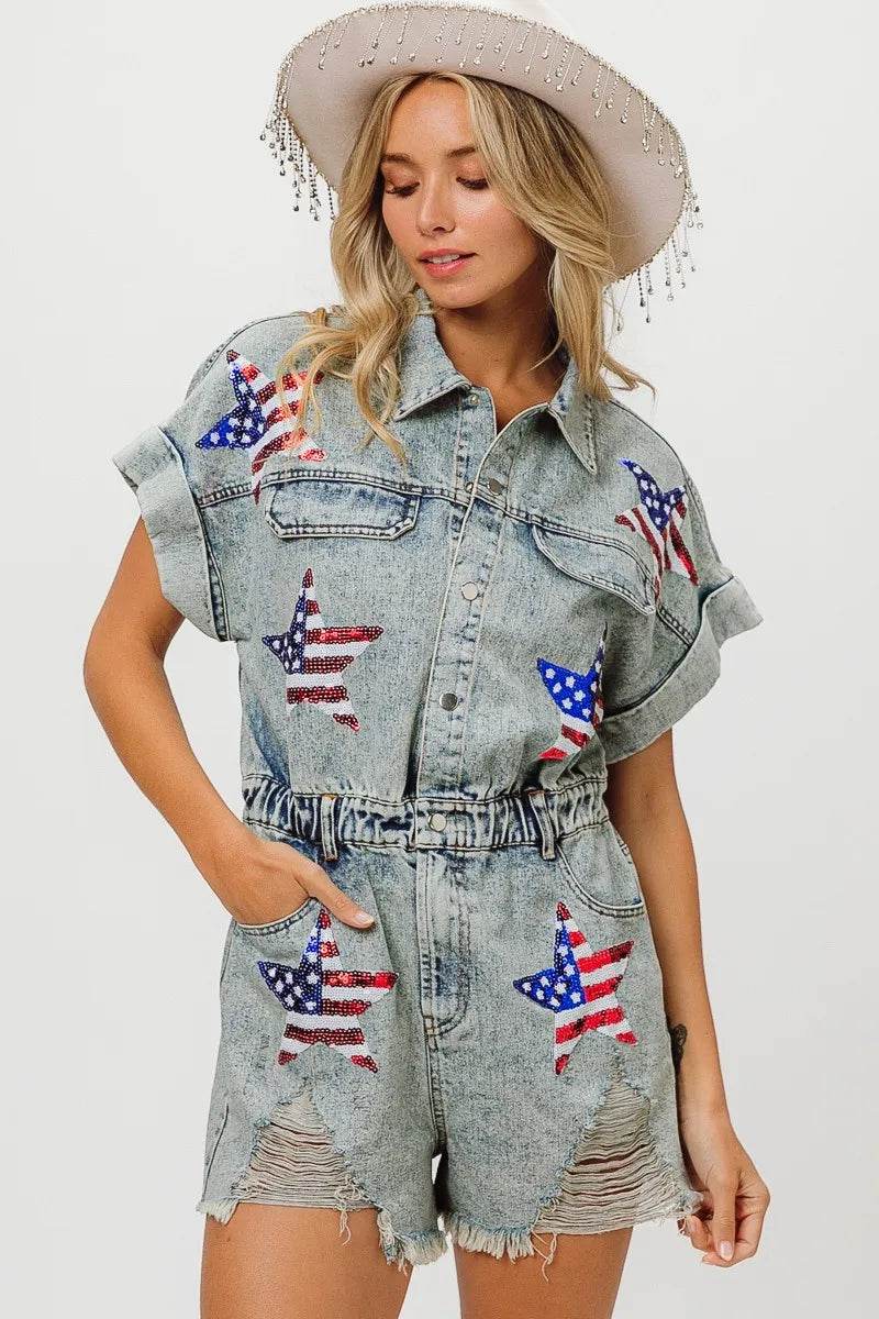 BiBi American Flag Washed Romper - Millivan supplies