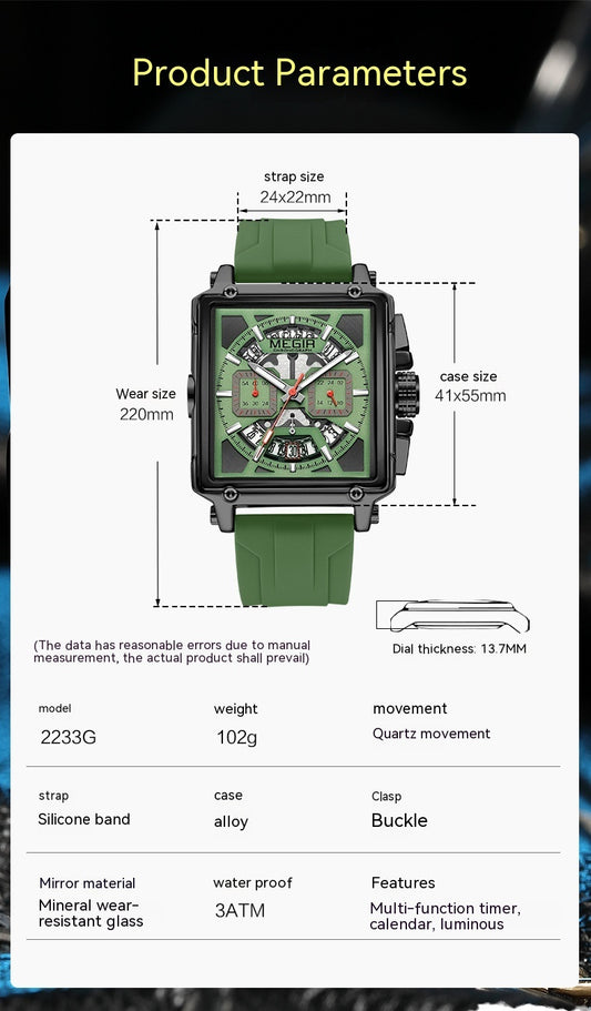Product parameters of a watch with green strap and square face.