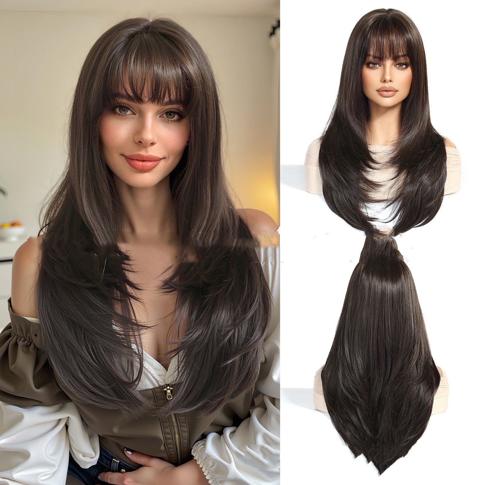Brown wig with bangs worn by a model and displayed separately on a white background.