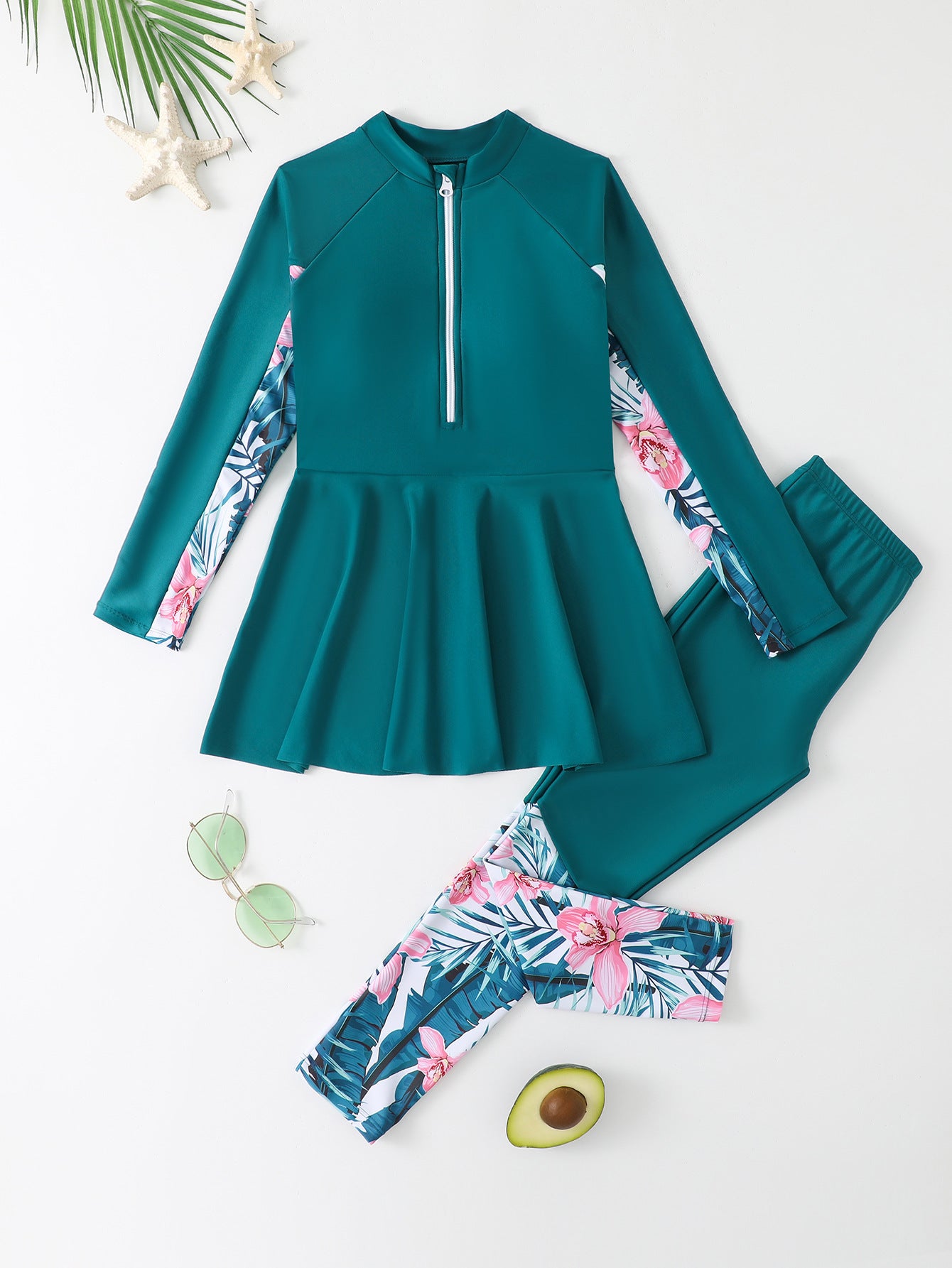 Conservative Split Two-piece Long-sleeved Trousers Medium And Large Girls Swimsuit
