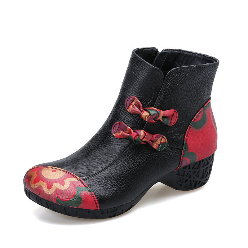 Boots leather women's short boots thick heel bow and cotton warm shoes