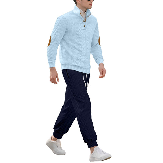Person wearing a light blue sweater and navy pants on a white background