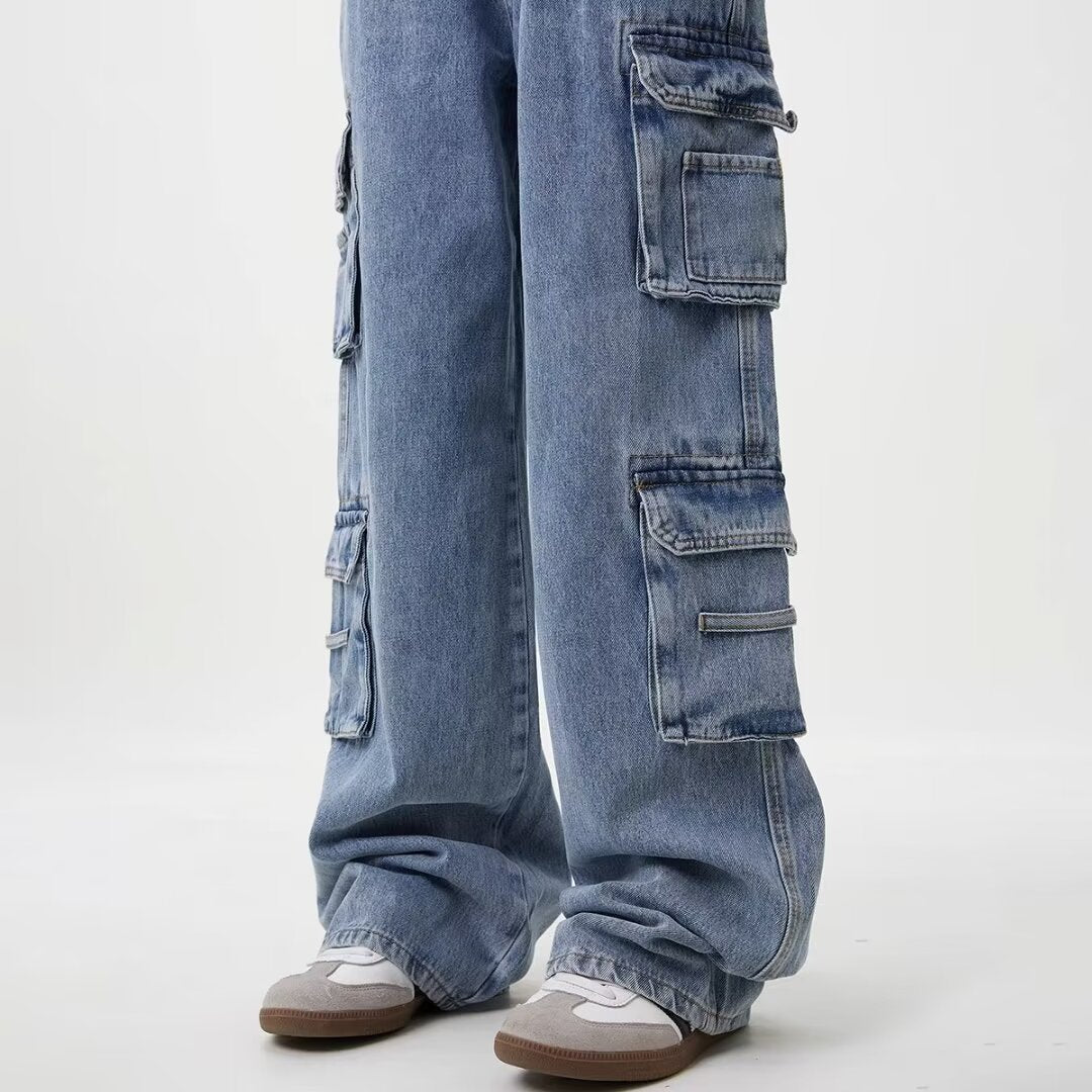 Blue cargo pants on a white background