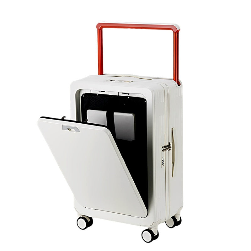 White suitcase with a red handle on a white background