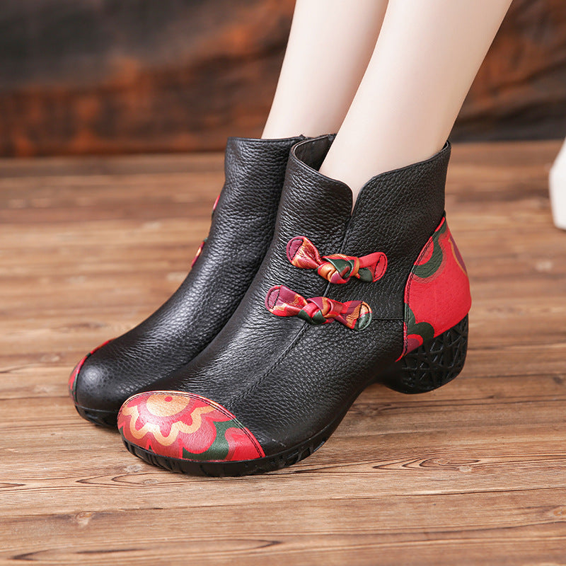 Boots leather women's short boots thick heel bow and cotton warm shoes