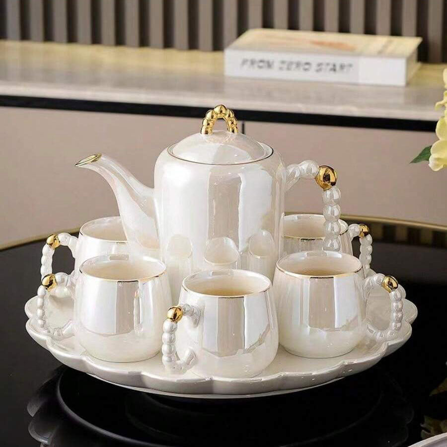 Light Luxury High-grade Ceramic Tools Suit - 8-Piece Tea Set Mat Glaze Lace Disc
