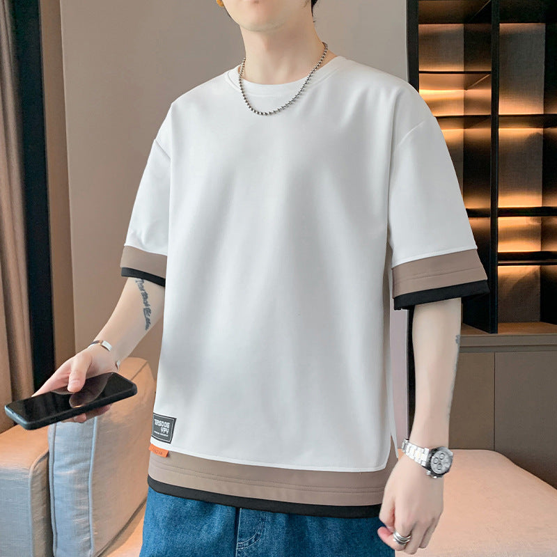 Men's Japanese Color Matching Three-Piece Shirt - Adult Short Sleeve Stitching Design