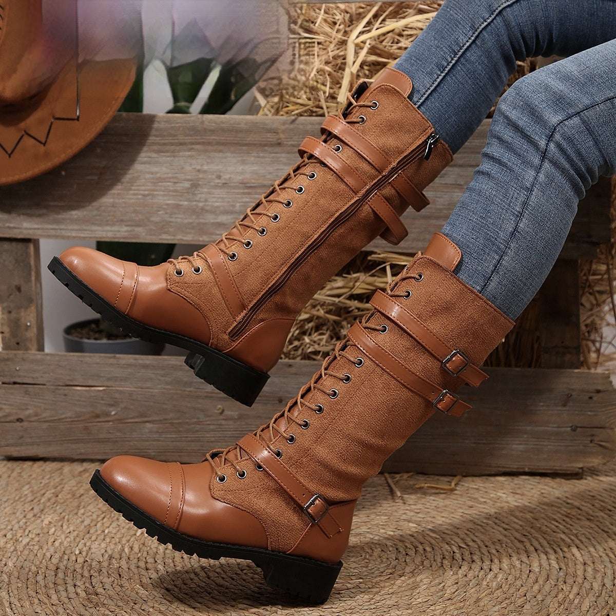 Rivet Belt Buckle Mid-Calf Boots - Women's Square Heel Round Toe Boots