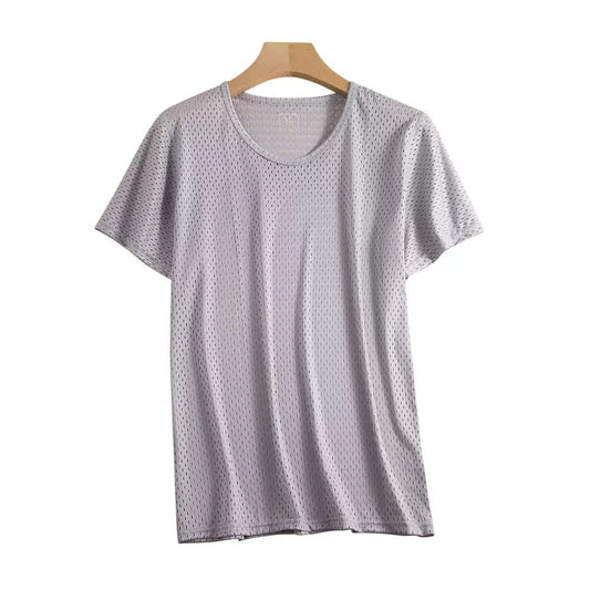 Gray t-shirt with subtle pattern on a wooden hanger against a white background