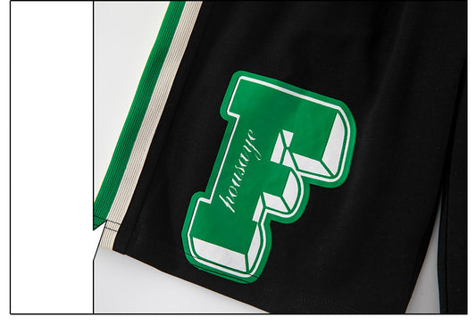 Black jacket with a green and white logo on a white background