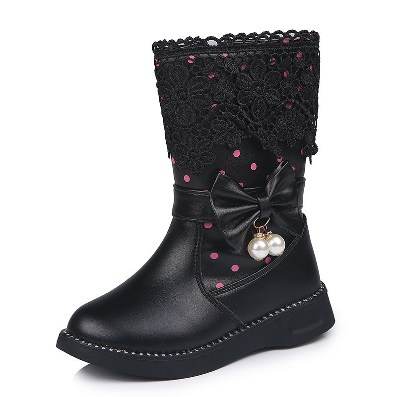 Girls' Bowknot Cotton Shoes - Lace & Velvet Design with Pendant