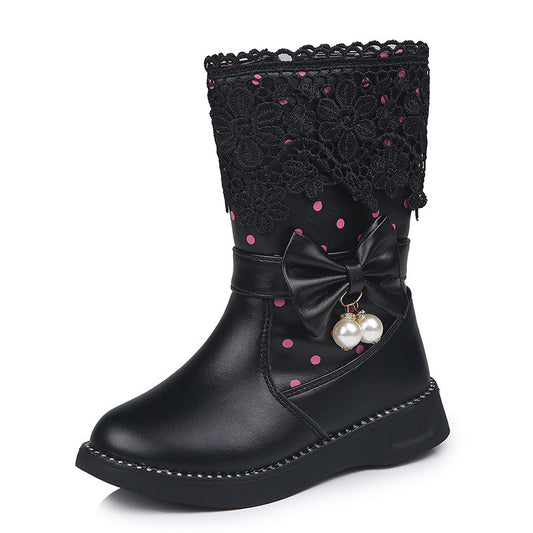 Black boot with lace top and bow detail on a white background