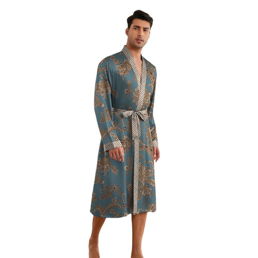 Men's Printed Robes Set - Long Sleeve Top & Shorts Suit